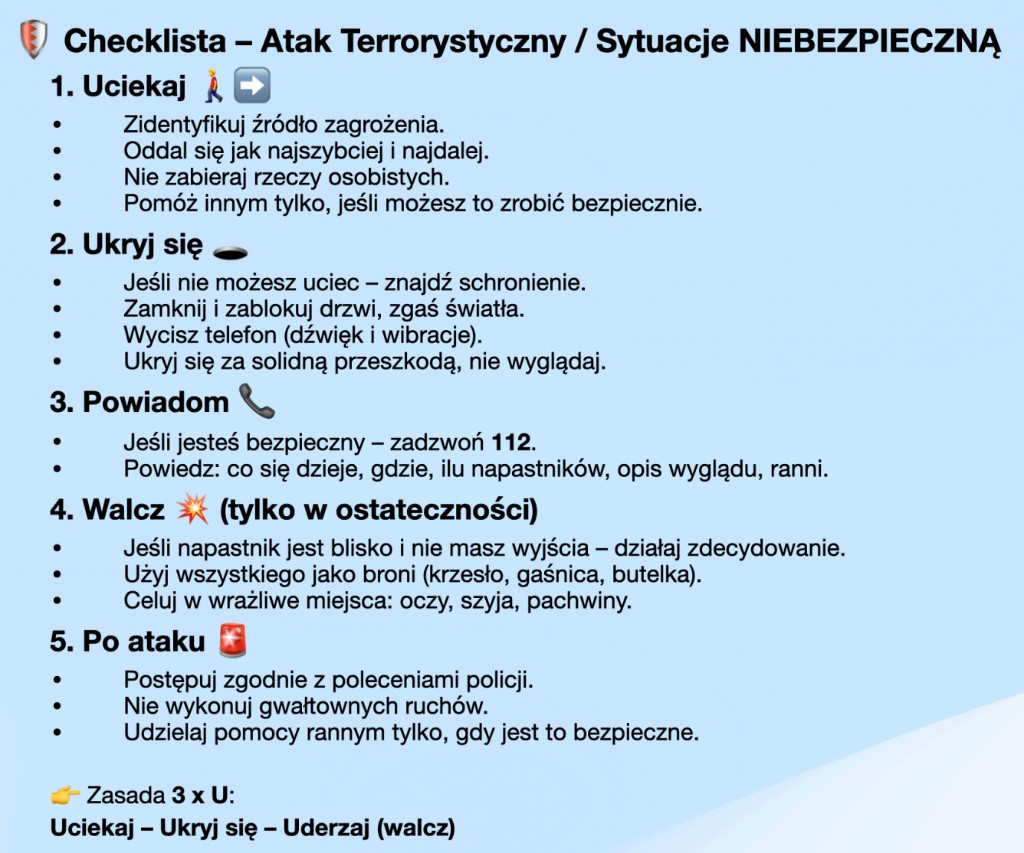 Checklista – Atak Terrorystyczny / Sytuacje niebezpieczne. Zasada 3 x U: Uciekaj, Ukryj się, Uderzaj